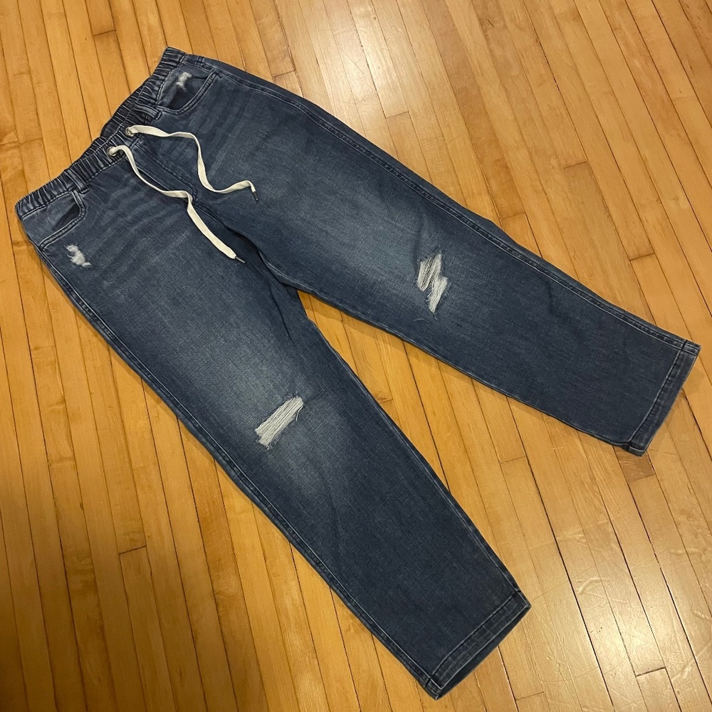 AERIE Easy Denim Jeans Drawstring Elastic Waist Distressed Boyfriend Pull On